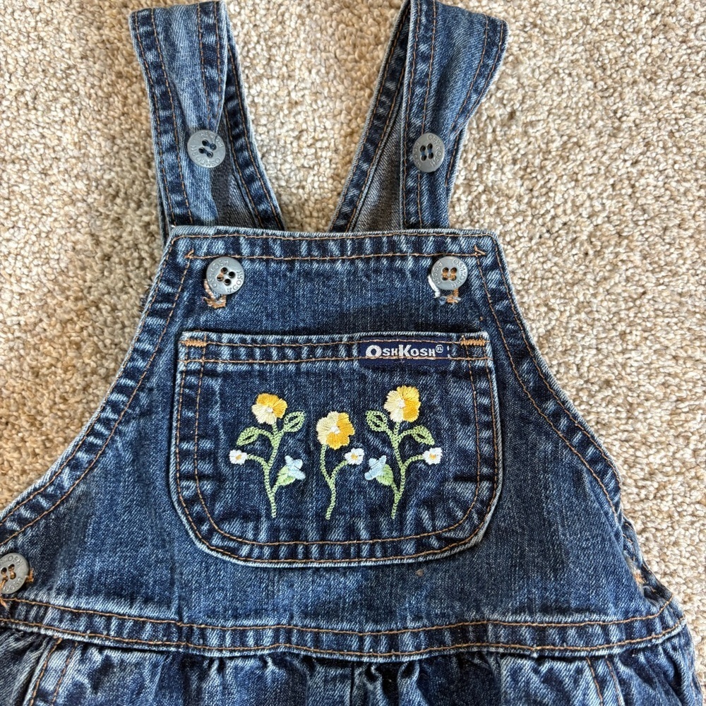 Vintage Oshkosh B’Gosh Girls Overalls Denim Embroidered Flowers Size 24 months